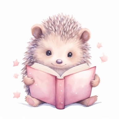 Watercolor svg clipart of a cute cartoon adorable baby hedgehog reading a book kawaii animal, illustration by chonnieartwork, pastel pink, png isolated on white background
