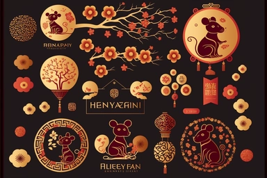 chinese new year design element set rat mouse fireworks cloud lantern flower blossom plum red gold gold coin zodiac signs symbol animal happy 2023 holiday lunar japanese korean vietnamese style traditional geometric text isolated clip art collection bundle silhouette hand-drawn art vector illustration graphic print concept flat line realistic high quality detailed