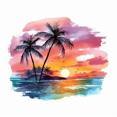 watercolor, beach sunset, waves, beach, palm trees, beautiful, clip art, multiple colors, cute, cartoonish, white background