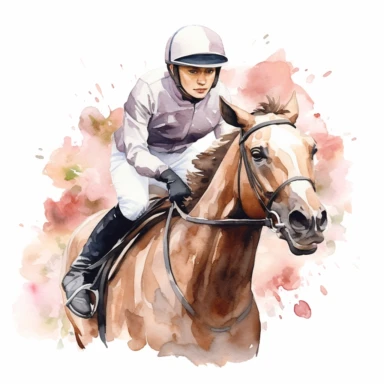 racing horse with jockey, white flowers, watercolor, white background, clipart