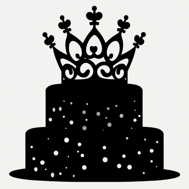 birthday cake with princess crown on, it decal simple cutout clipart, black silhouette,