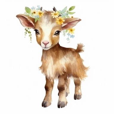 Baby Goat Watercolor Clipart, Cute Goat without horns, Baby Goat Watercolor Clipart, Cute Goat, Baby Goat, Kid Goat Farm Animals Graphics Illustration, on a flower meadow, fairytale-inspired, handcrated design, vintage clip art, on a clear white background, digital clip art, watercoror ilustration, watercolor graphic design