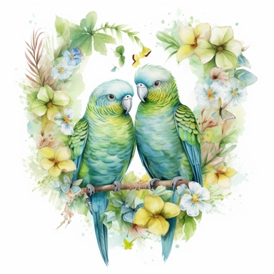 watercolor clipart, two green Budgerigar Parrots in love with tropical gardens, sweet hearts around, watercolor sublimation design, Sublimation Clipart, hyper realistic, intricate detail, illustration style, isolated on white background for removing background, Super-Resolution, Megapixel
