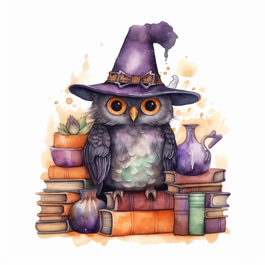 Watercolour cute witches owl, wearing a witch hat, clipart. The owl is sitting on a bookshelf, surrounded by books and potions. Its feathers are a mix of dark and orange shades, and its eyes are looking directly at the viewer. The witch hat has a purple ribbon, and the owl is holding a feather quill in its wing. The bookshelf is in a dark, candlelit room, with cobwebs and a cauldron in the corner. The books have titles like The Art of Witchcraft and Magical Potions and Spells. The potions on the