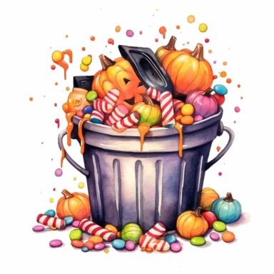 watercolor, candies in a halloween pot, sweet colors, clipart, white background , chaos 20
