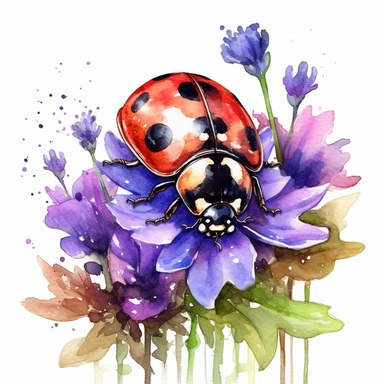 watercolor ladybug with flowers clipart, vibrant colors, hyper realism