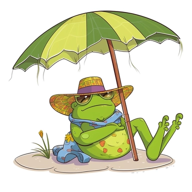 pretty highland frog relaxing on vacation, clipart, vector, white background,