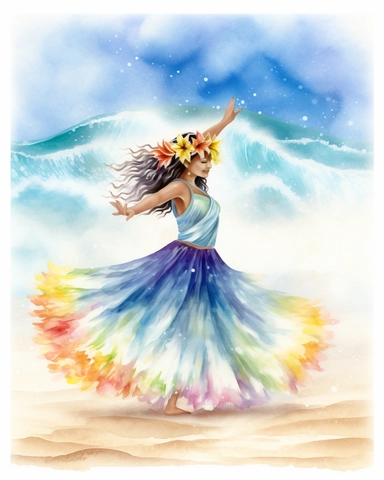 delicate watercolor pastel clipart of a Hawaiian hula dancer dancing in front of huge waves on the beach