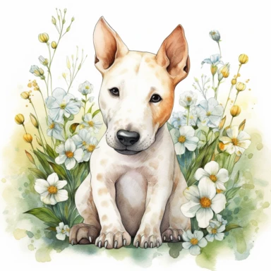 An intricately detailed watercolor clipart illustration displaying an ultra-realistic [specific design idea, like Adorable cute beby Bull Terrier, grass and flowers on the back of the puppy  ], isolated on a white background, in the style of ultra-detailed watercolor clipart illustrations, HDR watercolor clipart illustrations, 32K watercolor clipart illustrations, hyperrealistic watercolor clipart illustrations, ultra-intricate watercolor clipart illustrations, high-resolution watercolor clipart