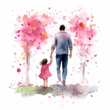 Detailed father's day clipart featuring a smiling father and daughter, holding hands while walking in a garden full of vibrant flowers and blooming trees, capturing the love and warmth between them, Watercolor painting, using soft pastel colors and light brush strokes to create a dreamy effect water color father, super cute, solid white background, clipart, fatherhood