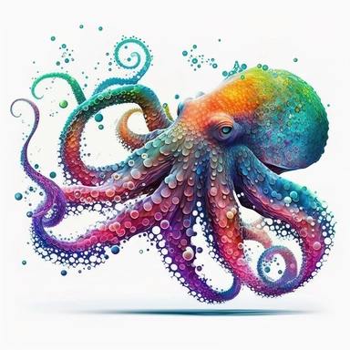 psychedelic octopus, bright colours, water colours, clipart, retro-futuristic, colorful, bright, highly-detailed, hyper-realisitic, no ground shadow ,no runs ,no drips, CLEAR WHITE BACKGROUND