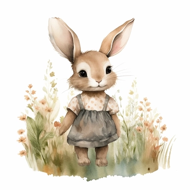 watercolour clipart illustration of cute shy modest baby bunny looking to the left wearing beautiful detailed modern summer dress below waist, standing in woodlands background on grass with flowers on white background, in the style of hyper-realistic animal illustrations, i can't believe how beautiful this is, childlike illustrations, close up, earthy tones