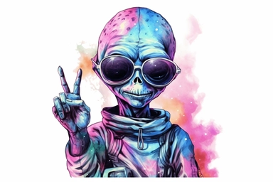 alien giving a peace sign, colorful vibrant watercolor clipart