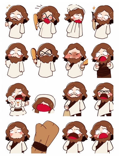 , Emoji, Animated jesus clipart image, ,multiple possand expressionsas , angry, happy, coquettishas an illustration set,in the style of femininesticker art, dynamic pose, dark white and darkbeige, group f/64, mori kei, sleepycorewetcore, group f/ 64,