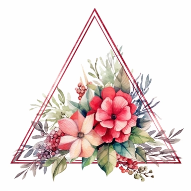 one Christma triangle flower frame clipart seamles ornament on a white background, in the style of watercolor landscapes, red and green, no watermark, text, 300 DPI , typography, shapes do not stick together, no text in the picture, on a white background