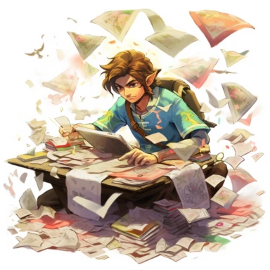 breath of the wild artstyle clipart office worker at office desk overwhelmed with paperwork