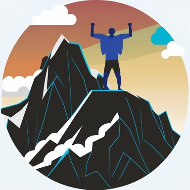 clipart of a person standing tall and proud atop a mountain, the two arms stretched out wide. The person is determined and dedicated, exemplifying the value of commitment. They are also brave and bold, embodying the value of courage. The person is focused, with a clear and unwavering gaze fixed on their goal. They are open and transparent, with nothing to hide. And they show respect, both for themselves and for those around them. The mountain represents the challenges and obstacles that we face,