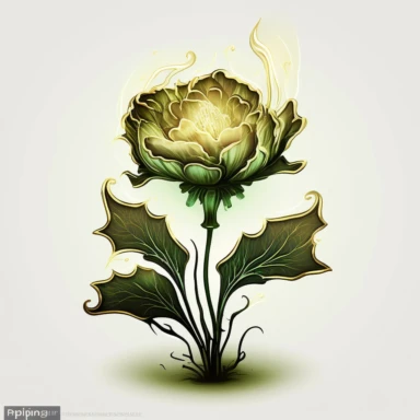 Clipart of Beautiful Green Glowing Shiny Magic Flower in Gothic Ancient Fantasy Style, Dark Beige Sand, Beige-Golden-Green Watercolours, Cinematic Shot in Dune Movie Style, White Background In this image, we see a stunning clipart of a Beautiful Green Glowing Shiny Magic Flower in Gothic Ancient Fantasy Style. The flower is shining bright and glows with a magic green light, illuminating the dark beige sand around it. The beige-golden-green watercolours add to the dreamy and surreal atmosphere, e