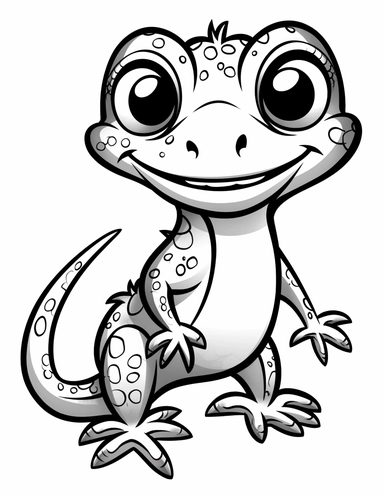 clipart friendly cartoon gecko in the style of Pierre-Auguste Renior black and white child's coloring book, black and white smooth thick lines, solid white background, no background