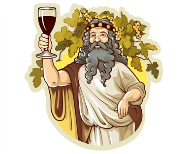 Sticker Clip Art of Sticker Clip Art of Dionysos thick God of Wine and Food, Greek Temple, mystical ancient greece background, fiest, agora, recognisable features, children friendly, illustrated in a playful style with a friendly expression, perfect for any special occasion, cut out in the shape of Dionysos, with no visible background, giving it the appearance of a high quality sticker, conveying a mystical and whimsical mood, edited with Adobe Photoshop to adjust brightness and contrast, render