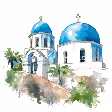 a Greece Santorini Blue Domes in the style of watercolour clipart with detailed brush strokes