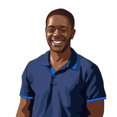 photo-realistic happy african american man, age 25, wearing a royal blue polo shirt, laughing at a funny joke, on white background for vector clipart
