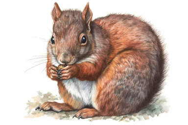 A highly detailed watercolor closeup clipart of an isolated red to brown portrait of a squirrel, by Laura Harris, watercolor specialist, realistic texture, detailed brushwork, high-resolution 300 dpi, nature-inspired art, intricate artwork, fine art quality, animal portrait, botanical art, isolated on white