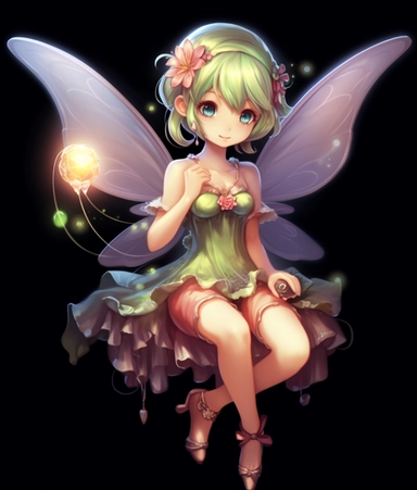 Inkerbell fairy clipart on black background, fairy, clipart, in style of kawacy, pink, high detailed, ben wooten, realistic usage of light and color, aurorapunk, illustration, cartoon mis-en-scene
