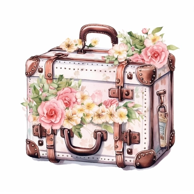 watercolor, hyper realistic, white background, white margins, 16k, ultra detailed clipart, cut out image, hand-drawn, whimsical manhwa style, ultra HD, sharp and clean art a vintage suitcase adorned with delicate floral , capturing the romantic and feminine aesthetics often associated with vintage fashion and travel. earthy brown pastel