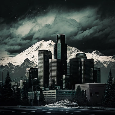 realistic seattle downtown with snowy mountain background and dark cloud cover clipart