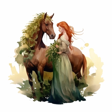 Pagan style beautiful Nature red braided haired Healer goddess hugging a big horse at the big plants field with watercolor effect,long skirt,suitable for digital clipart,white background,full body,impressive woman,-dark colors,green,khaki,wild colors