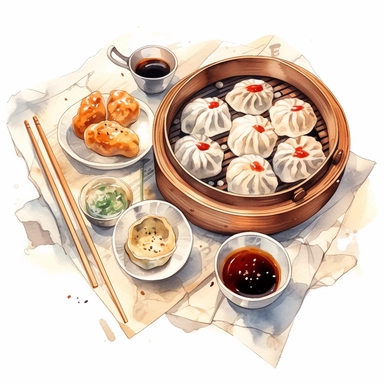 watercolor, hyper realistic, white background, white margins, 16k, ultra detailed clipart, cut out image, hand-drawn a traditional Chinese dim sum platter with a variety of steamed dumplings and buns, served with soy sauce and chili oil in the style of anime art, frostpunk, photo-realistic drawings, villagecore, lively and energetic, high quality, anime