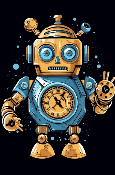 flat vector clipart illustration of a toy robot that has buttons and a clock on it, in the style of dark sky-blue and silver, pop art consumer culture, made of all of the above, flickr, metalworking mastery, strong facial expression, cardboard