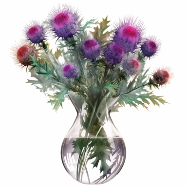 a watercolor of a realistic multicolored thistles bouquet in a tranparent vase, victorial style, vector free clipart illustration, in the style of unreal engine 5, 32k uhd, detailed features, white background