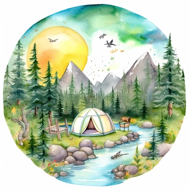 watercolor clipart painting of a Colorado mountain landscape, with evergreen pine trees, pinecones and sage green trees, with some yellow aspen trees and white birch trees, camping tent by a stream with rocks in the babbling brook, a butterfly and dragonfly, some birds, a sunset, hd, mystical and whimsical illustration with a little gold glitter and aurora borealis bubbles, with a few flowers and floral and botanical and ethereal elements, with white background,