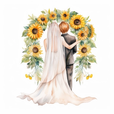 watercolor The middle circle of newlyweds with their arms around in the park. back view Bridal veil with Sunflowers flowers and leaves adorning her hair. hair up with flowers vividly bold designs png realistic cartoon in 32K UHD cute. 15 cm thick outline. Black color. There was no shadow on the ground. 8k with realistic watercolors. and detailed illustrations. PNG clipart, transparent white background