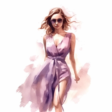 watercolor style, beautiful woman in summer dress in shades of mauve and white, realistic, clipart, isolated on white background, 4K