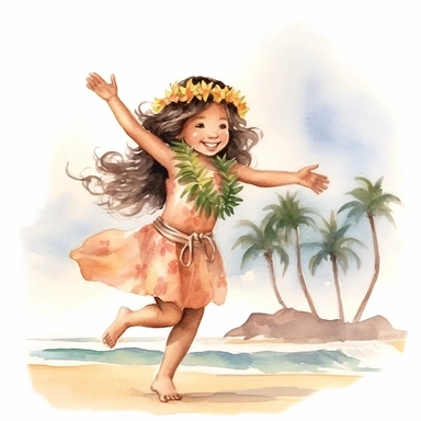 watercolour, beautiful soft colours, tropical island setting, showcase an adorable little Hawaiian girl doing the hula on the beach with her family, she feeling is happy, celebration, they are all wearing flowers in their hair, beautiful clipart style
