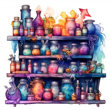 Witches PotionShelf Watercolor dreamy Clipart, pastel-core purple turquoise blue orange red yellow Magical Mystical Art, Fantasy Clipart, Witchcraft Potion many details style of Demizu Posuka no people