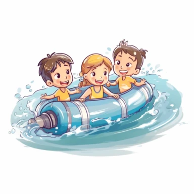Create a clip art-style image of a kids with tube on water, simple image, cartoon image, pastel tone color, thick line, white background, PNG file--ar 1:1