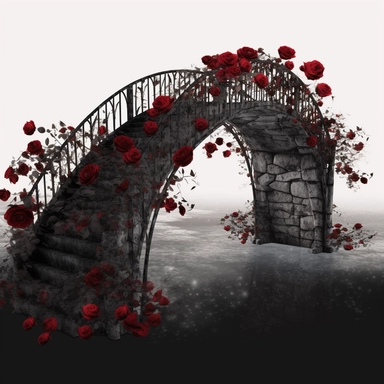 black Gothic Bridge Dark Fantasy Garden with red rose Clipart, white isolated background, space out, hd, 8k, realistic