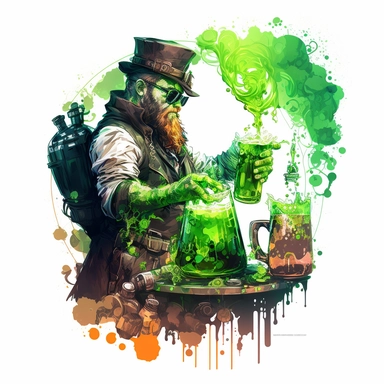 saint patrick day clipart in a cyberpunk style - leprechaun making a beer on a kitchen with a pint of green beer with adding bubbles and highlights on a white background