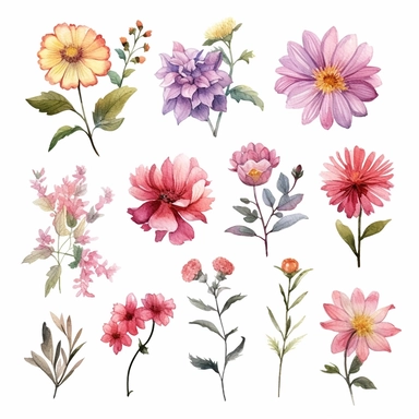 Watercolor style, Boho Birth Month Flowers, variations, hyper realistic detailed clipart, on a white background