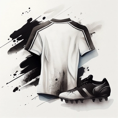 a watercolour drawing of the back of a white soccer shirt with black trimming, a black and white soccer shoes next to a black and white soccer ball lay in front, black and white, unbranded. painting, photorealistic brush strokes, geiger art, watercolor, ,