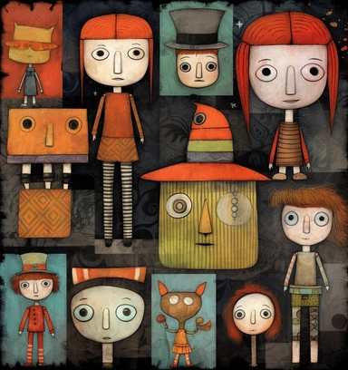 kids clipart clipartpng, in the style of high contrast compositions, black background, bill carman, gabriele münter, multilayered dimensions, visual harmony, multi-panel compositions