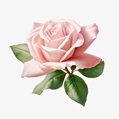 Delicate pink rose clipart against a pristine white background. The illustration showcases a beautifully detailed pink rose with soft petals and lush green leaves. The color palette includes shades of blush pink and hints of green. The white background adds a clean and contemporary feel, allowing the rose to bloom gracefully. The lighting is gentle, casting a subtle glow on the flower's intricate details. The atmosphere exudes a sense of elegance and natural beauty.