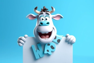 character cartoon cow with banner in clipart 3d image, in the style of unreal engine 5, natalia rak, movie still, matte photo, lightbox, relief, white and cyan