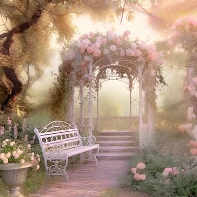 panoramic view, full view, fantasy rose evening garden with antique wrought iron bench and gazebo, soft colors of pink, green and gold colors, romantic, fantasy, clipart style, shabby chic, ethereal, transparent background, (--iw 8)