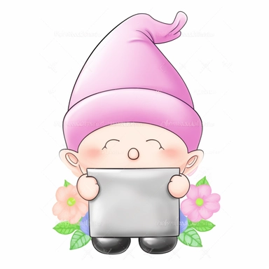 an adorable, cute clipart-style Gonk gnome illustration, perfect for Mother's Day product designs. The gnome should have a sweet, cheerful expression and wear a soft pastel-colored outfit, incorporating gentle shades of pink, lavender, and mint green to convey a warm, motherly vibe. The Gonk gnome should be holding a blank whiteboard in front of him, providing a customizable space for personalized messages or designs. Add charming details such as a floral-patterned hat and a heart-shaped pendant