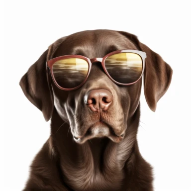Chocolate labrador retriever wearing sunglasses, white background, cool dog, summer time, clipart, relaxing
